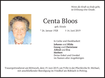 Todesanzeige von Centa Bloos von merkurtz