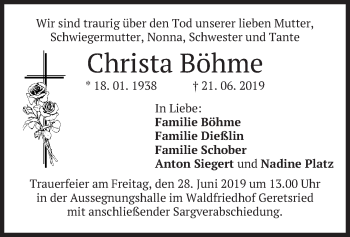 Todesanzeige von Christa Böhme von merkurtz