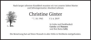 Todesanzeige von Christine Ginter von merkurtz
