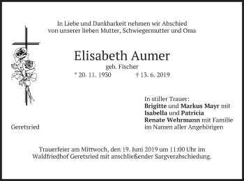 Todesanzeige von Elisabeth Aumer von merkurtz