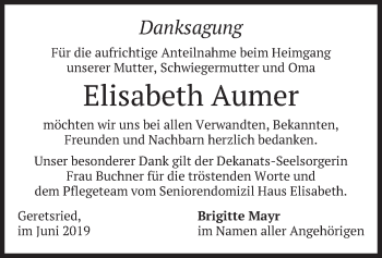 Todesanzeige von Elisabeth Aumer von merkurtz