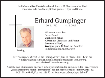 Todesanzeige von Erhard Gumpinger von merkurtz