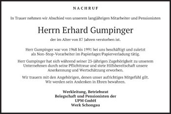 Todesanzeige von Erhard Gumpinger von merkurtz