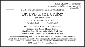 Todesanzeige von Eva-Maria Gruber von merkurtz