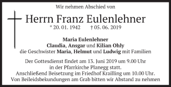 Todesanzeige von Franz Eulenlehner von merkurtz