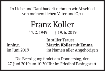 Todesanzeige von Franz Koller von merkurtz