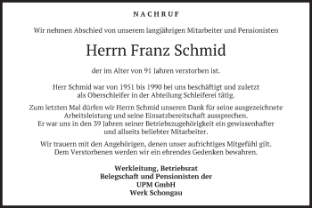 Todesanzeige von Franz Schmid von merkurtz