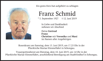 Todesanzeige von Franz Schmid von merkurtz