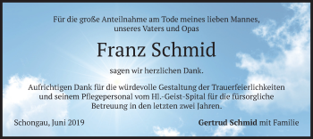Todesanzeige von Franz Schmid von merkurtz