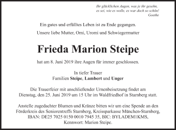 Todesanzeige von Frieda Marion Steipe von merkurtz