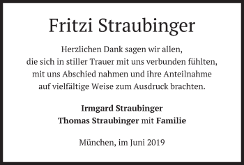 Todesanzeige von Fritzi Straubinger von merkurtz