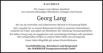 Todesanzeige von Georg Lang von merkurtz