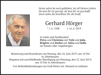 Todesanzeige von Gerhard Hörger von merkurtz
