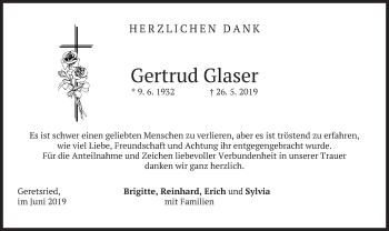 Todesanzeige von Gertrud Glaser von merkurtz