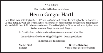Todesanzeige von Gregor Hartl von merkurtz