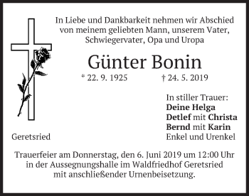 Todesanzeige von Günter Bonin von merkurtz