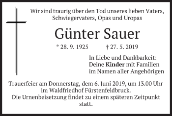 Todesanzeige von Günter Sauer von merkurtz