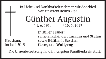 Todesanzeige von Günther Augustin von merkurtz