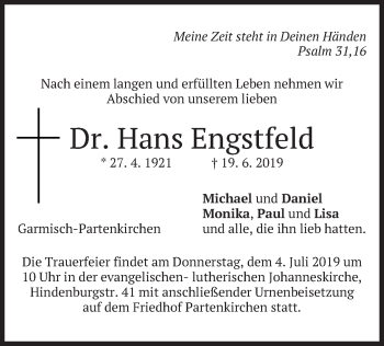 Todesanzeige von Hans Engstfeld von merkurtz