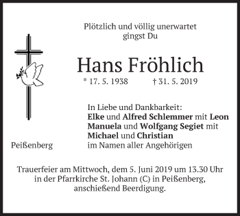 Todesanzeige von Hans Fröhlich von merkurtz