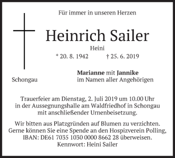 Todesanzeige von Heinrich Sailer von merkurtz