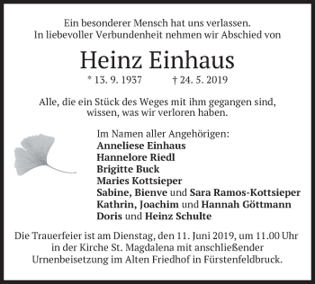 Todesanzeige von Heinz Einhaus von merkurtz