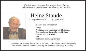 Todesanzeige von Heinz Staude von merkurtz