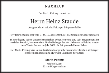 Todesanzeige von Heinz Staude von merkurtz