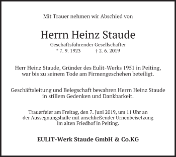 Todesanzeige von Heinz Staude von merkurtz