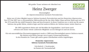 Todesanzeige von Heinz Zwerger von merkurtz