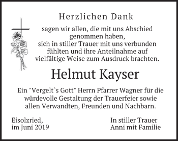 Todesanzeige von Helmut Kayser von merkurtz