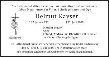 Todesanzeige von Helmut Kayser von merkurtz