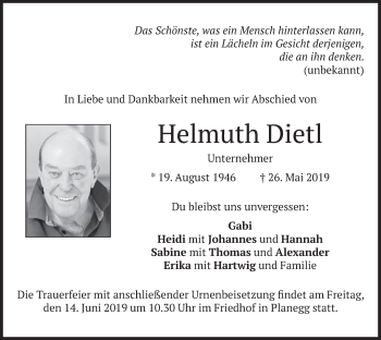 Todesanzeige von Helmuth Dietl von merkurtz