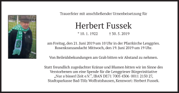 Todesanzeige von Herbert Fussek von merkurtz
