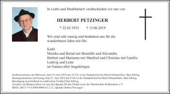 Todesanzeige von Herbert Petzinger von merkurtz
