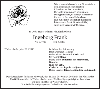 Todesanzeige von Ingeborg Frank von merkurtz