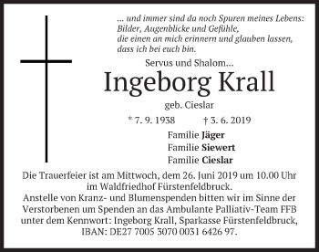 Todesanzeige von Ingeborg Krall von merkurtz