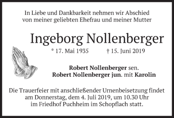 Todesanzeige von Ingeborg Nollenberger von merkurtz
