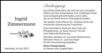 Todesanzeige von Ingrid Zimmermann von merkurtz