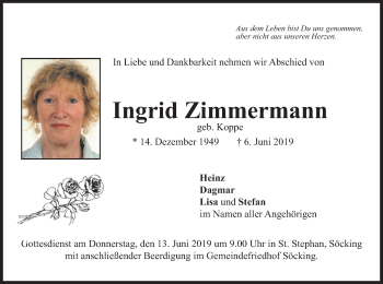 Todesanzeige von Ingrid Zimmermann von merkurtz