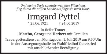 Todesanzeige von Irmgard Pyttel von merkurtz