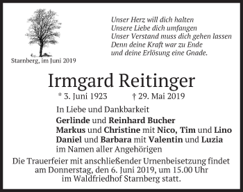Todesanzeige von Irmgard Reitinger von merkurtz