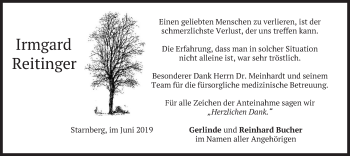 Todesanzeige von Irmgard Reitinger von merkurtz