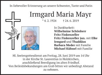 Todesanzeige von Irmgard Maria Mayr von merkurtz