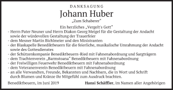 Todesanzeige von Johann Huber von merkurtz
