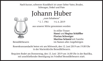 Todesanzeige von Johann Huber von merkurtz