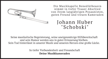 Todesanzeige von Johann Huber von merkurtz