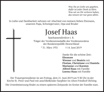 Todesanzeige von Josef Haas von merkurtz
