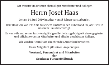 Todesanzeige von Josef Haas von merkurtz