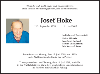Todesanzeige von Josef Hoke von merkurtz